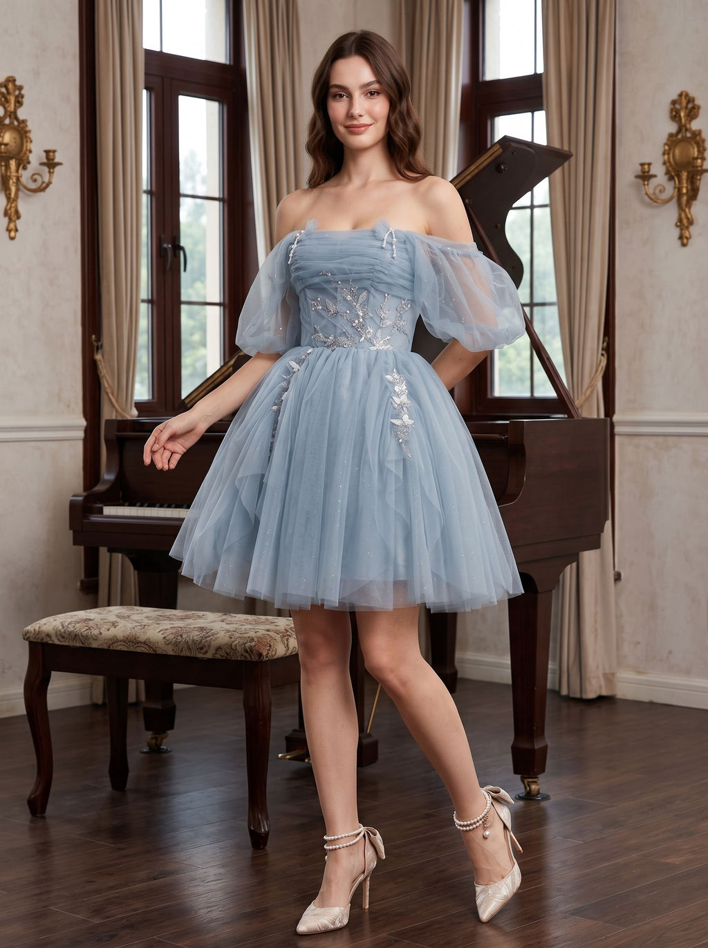 Dusty Blue Tulle A-Line Off-the-Shoulder Criss-Cross Straps Short Dress with Applique