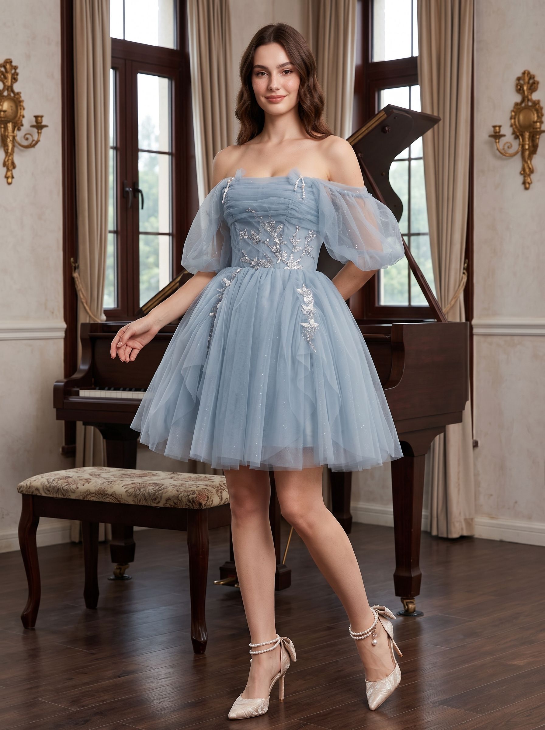 Dusty Blue Tulle A-Line Off-the-Shoulder Criss-Cross Straps Short Dress with Applique