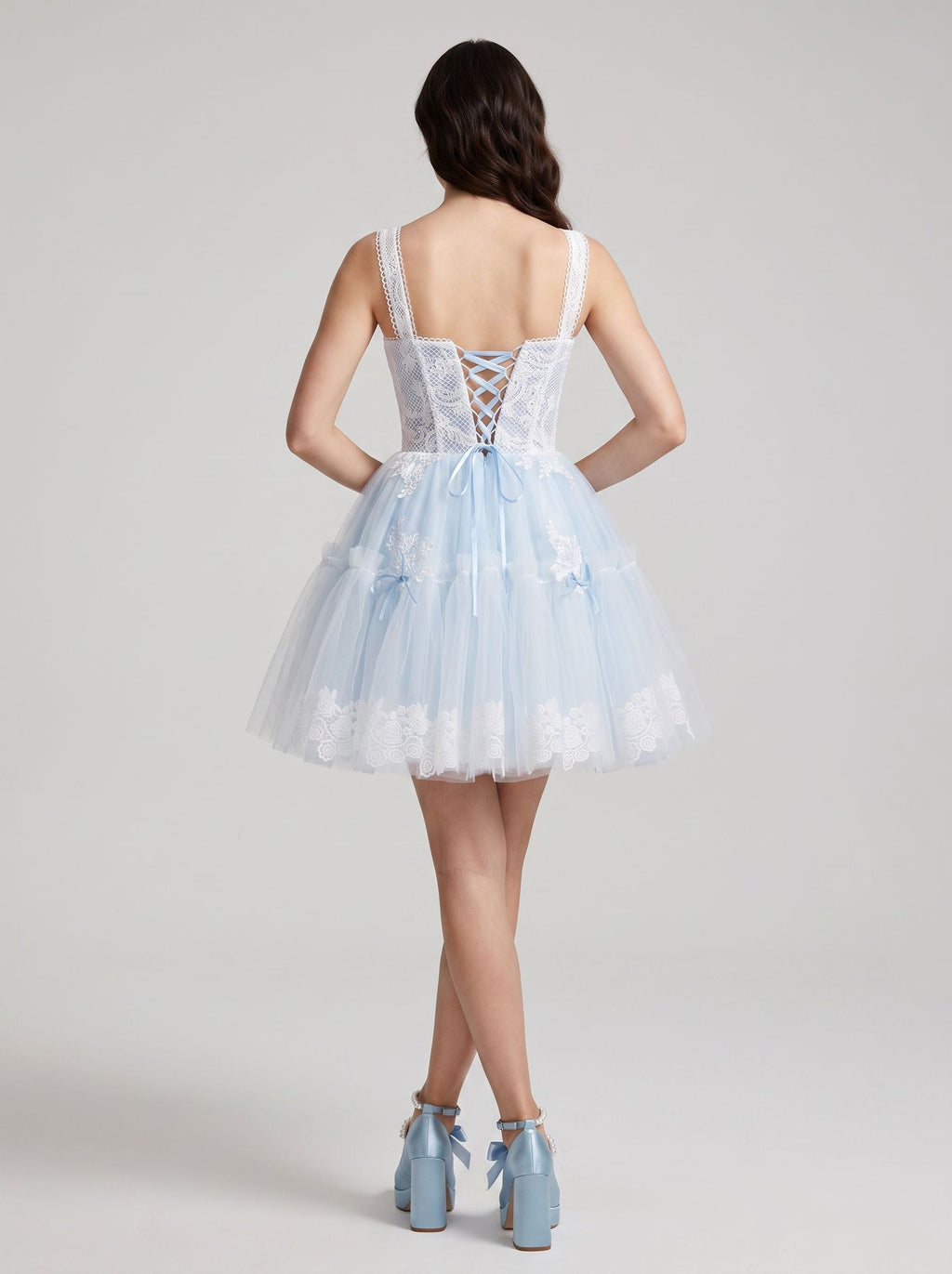 Sky Blue Tulle A-Line Square Neck Criss-Cross Straps Short Dress with Lace Stitching