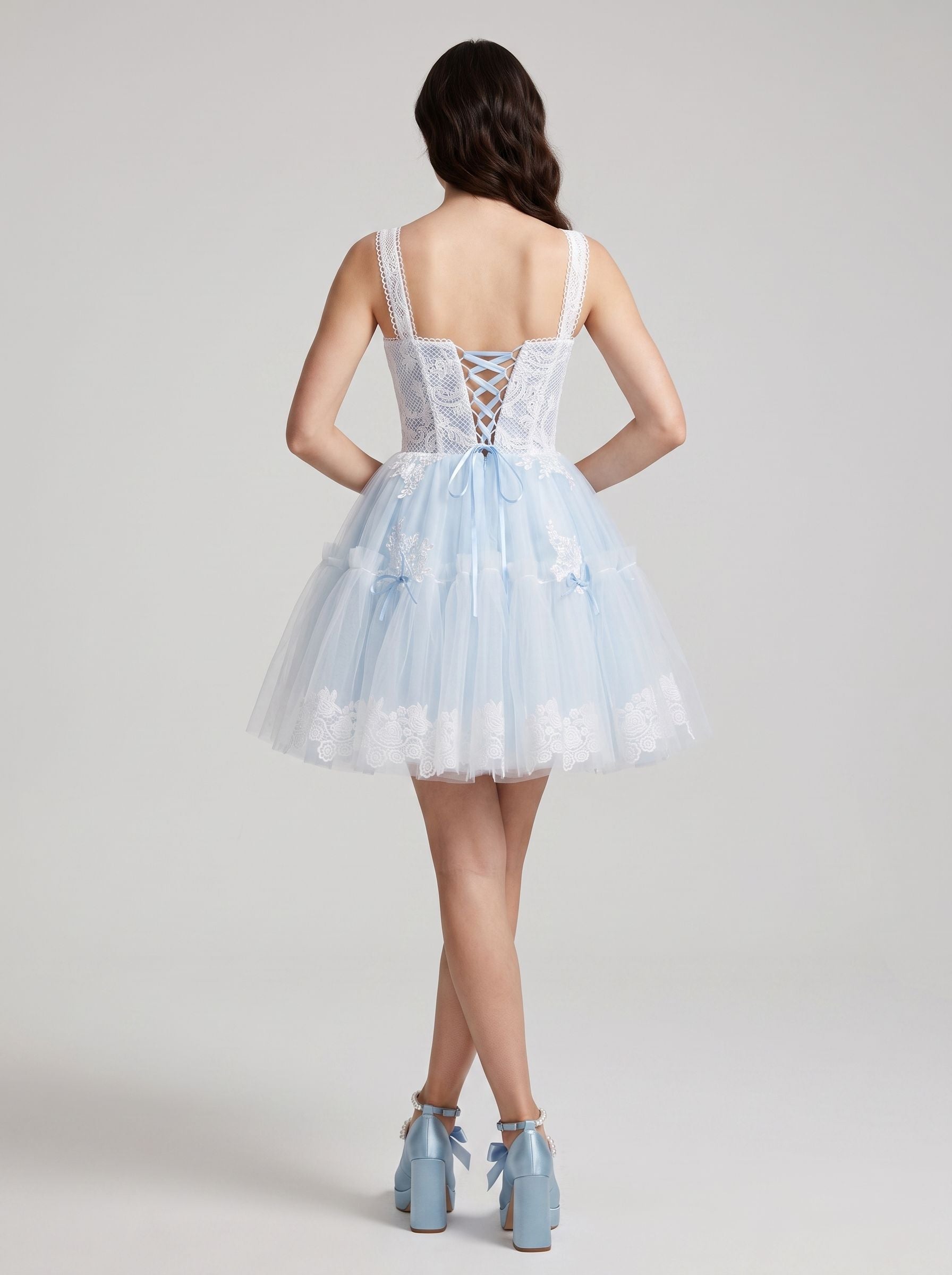 Sky Blue Tulle A-Line Square Neck Criss-Cross Straps Short Dress with Lace Stitching