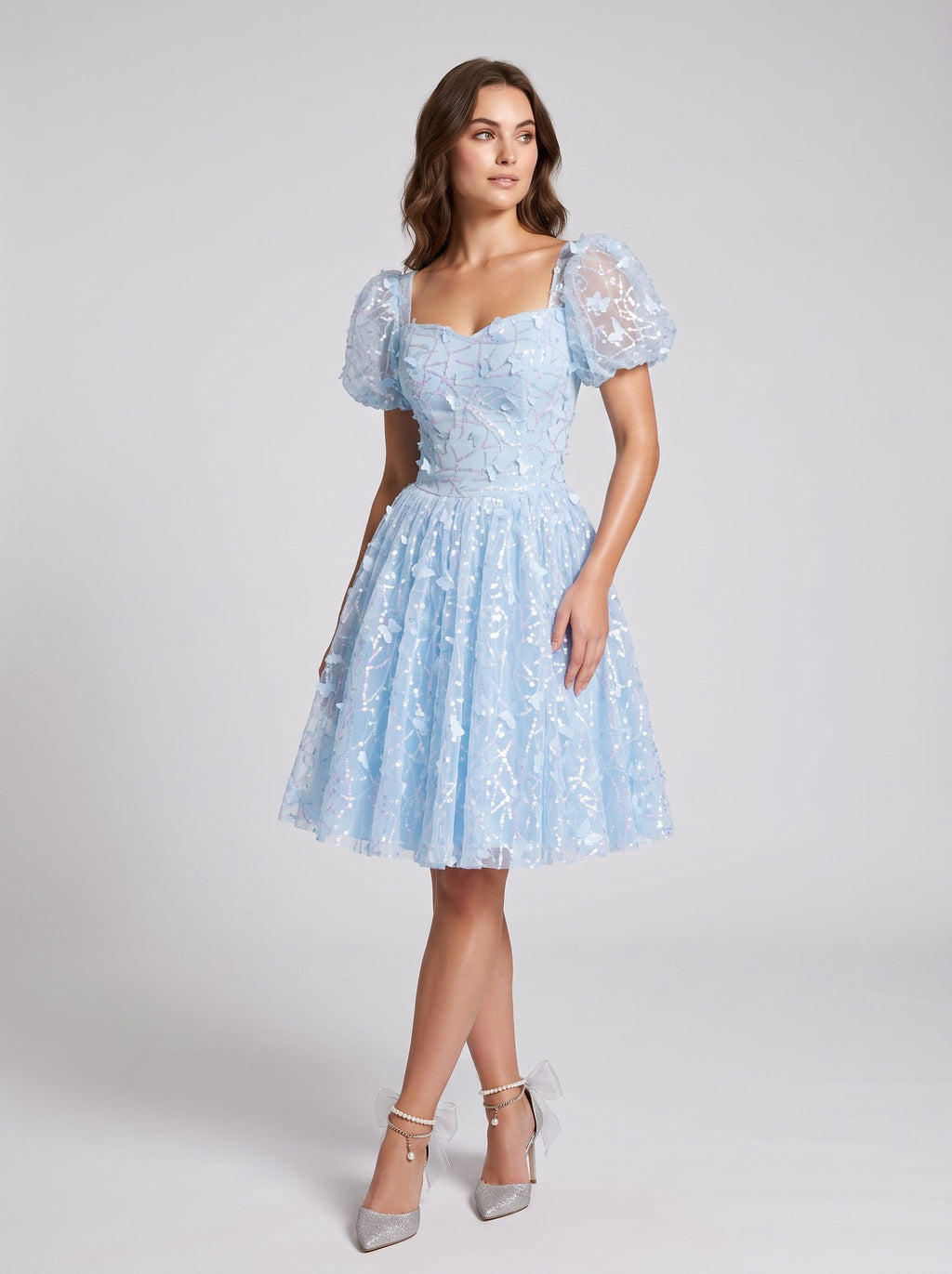 Sky Blue Tulle A-Line Sweetheart Criss-Cross Straps Short Dress with Puff Sleeves