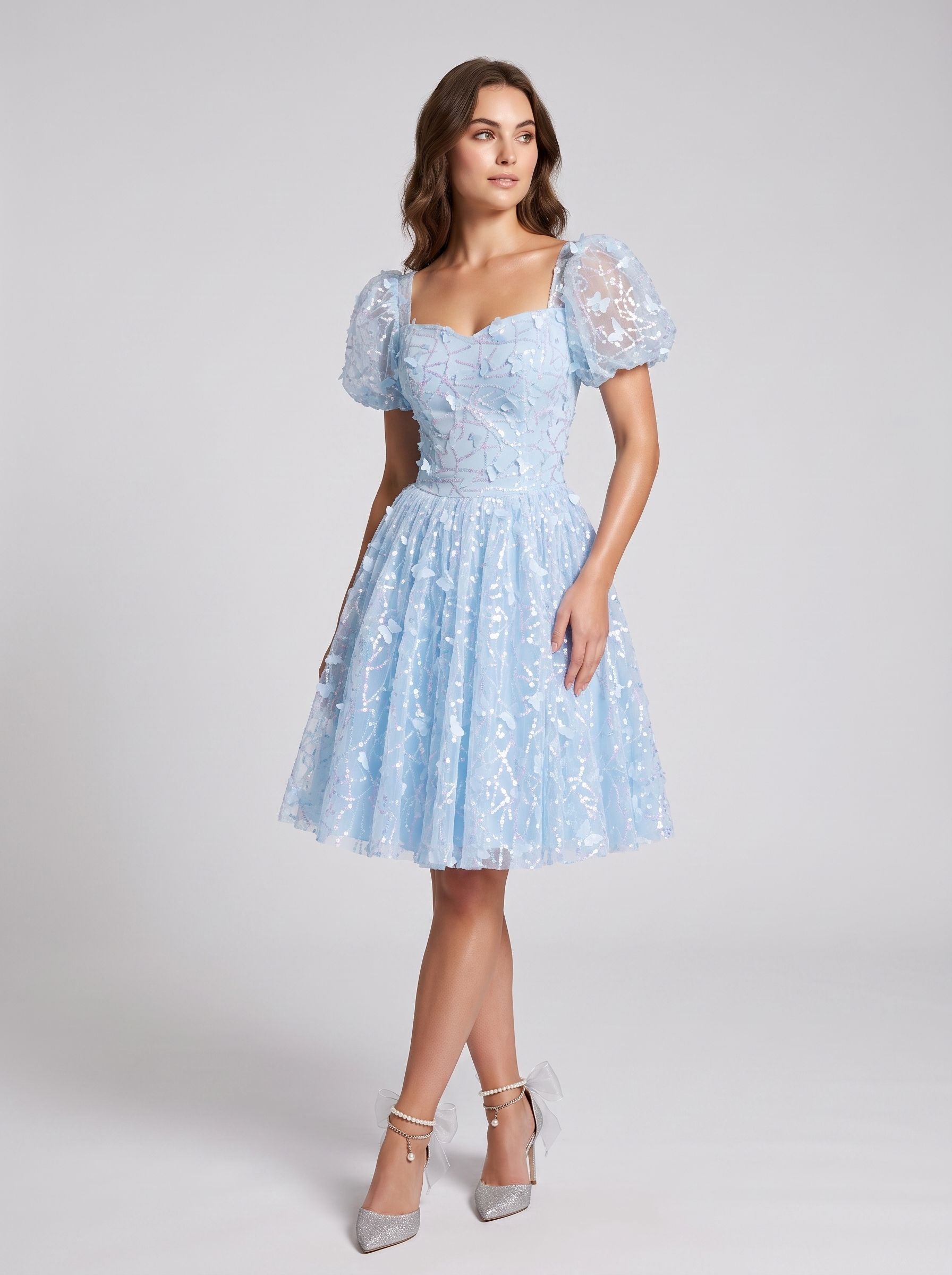 Sky Blue Tulle A-Line Sweetheart Criss-Cross Straps Short Dress with Puff Sleeves