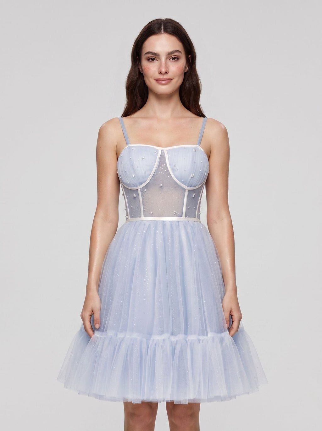 Mist Tulle A-Line Straight Neck Criss-Cross Straps Short Dress with Spaghetti Straps