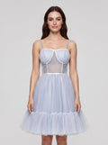 Mist Tulle A-Line Straight Neck Criss-Cross Straps Short Dress with Spaghetti Straps