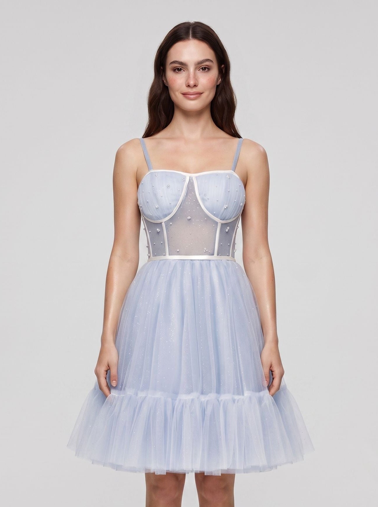 Mist Tulle A-Line Straight Neck Criss-Cross Straps Short Dress with Spaghetti Straps