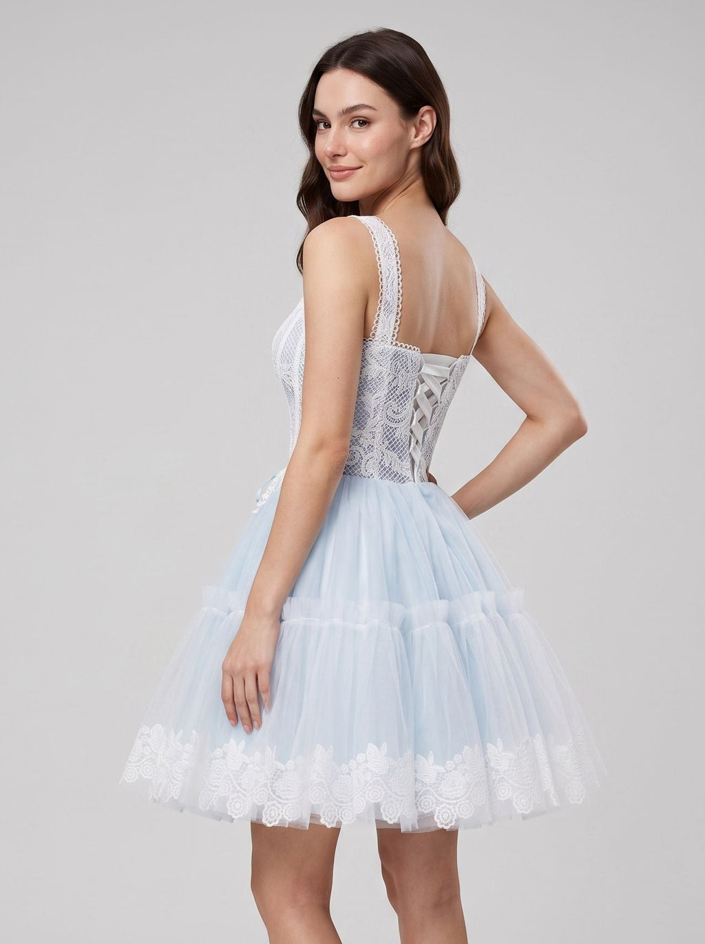 Sky Blue Tulle A-Line Square Neck Criss-Cross Straps Short Dress with Lace Stitching