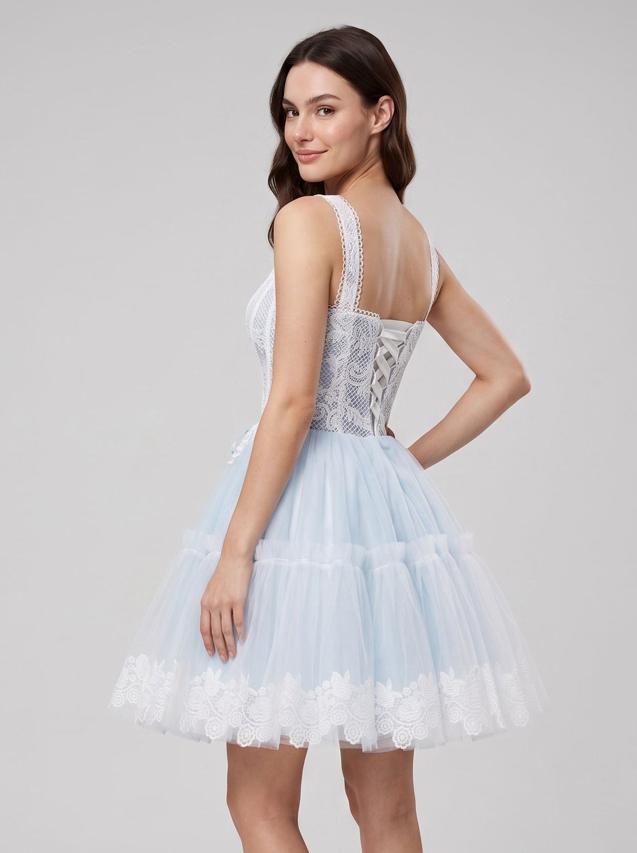 Sky Blue Tulle A-Line Square Neck Criss-Cross Straps Short Dress with Lace Stitching