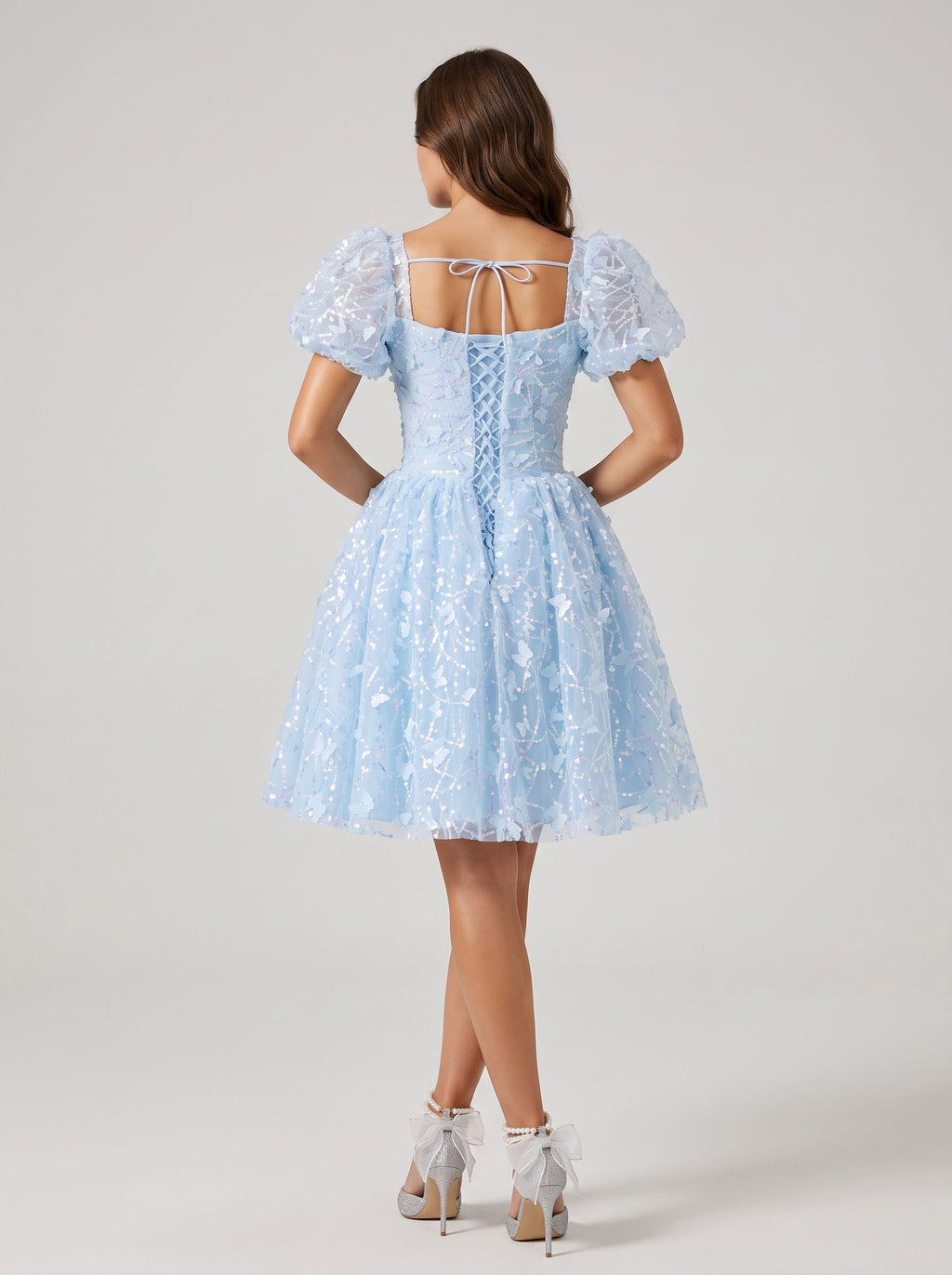 Sky Blue Tulle A-Line Sweetheart Criss-Cross Straps Short Dress with Puff Sleeves