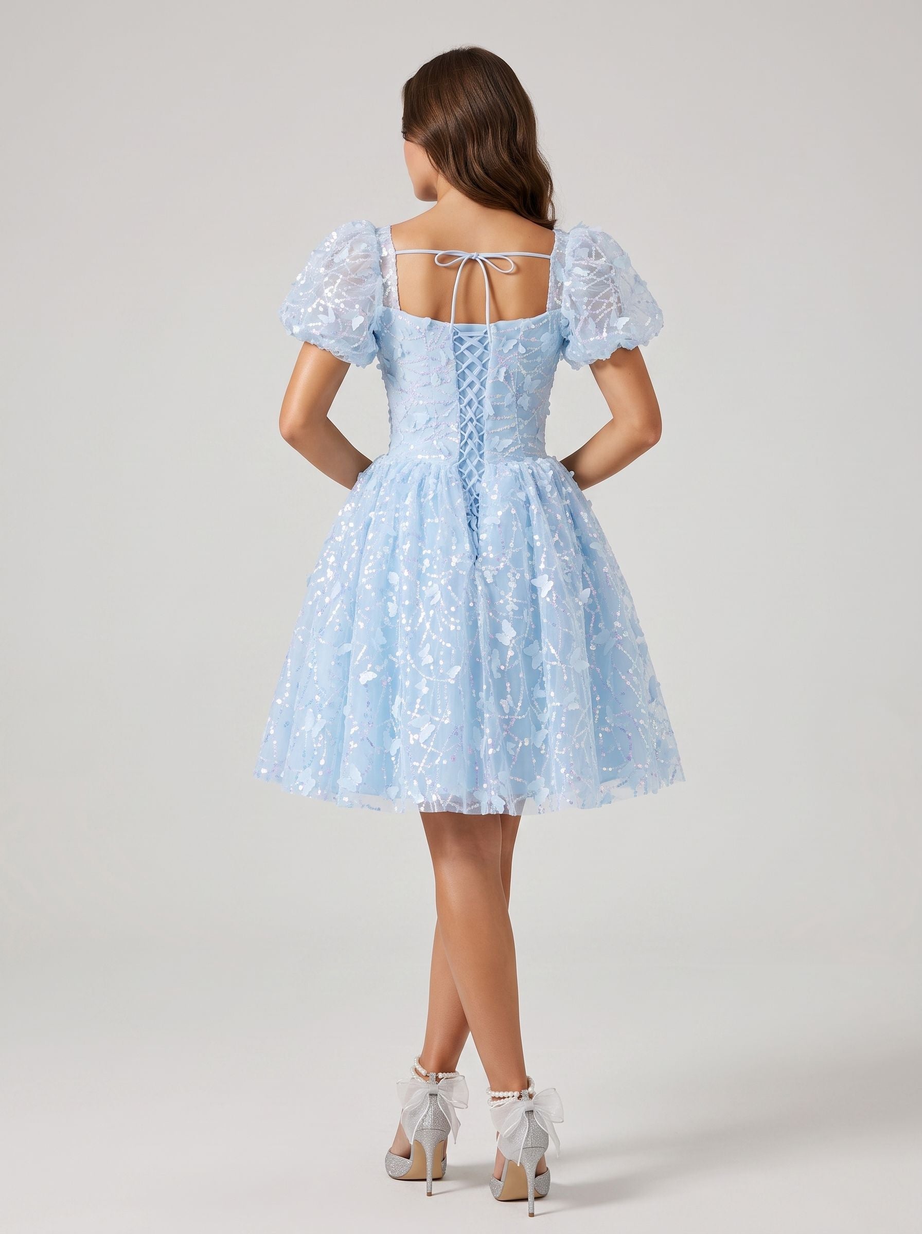 Sky Blue Tulle A-Line Sweetheart Criss-Cross Straps Short Dress with Puff Sleeves