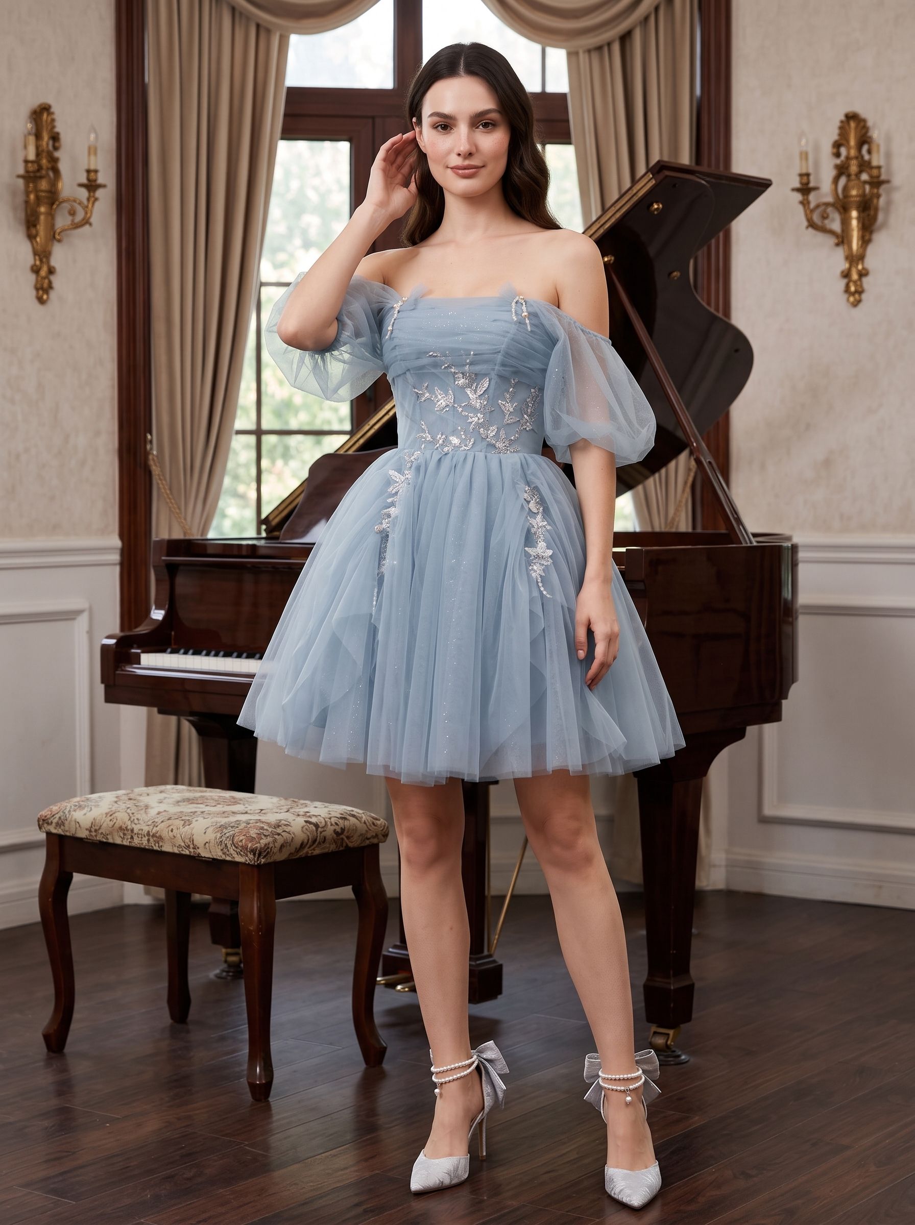 Dusty Blue Tulle A-Line Off-the-Shoulder Criss-Cross Straps Short Dress with Applique