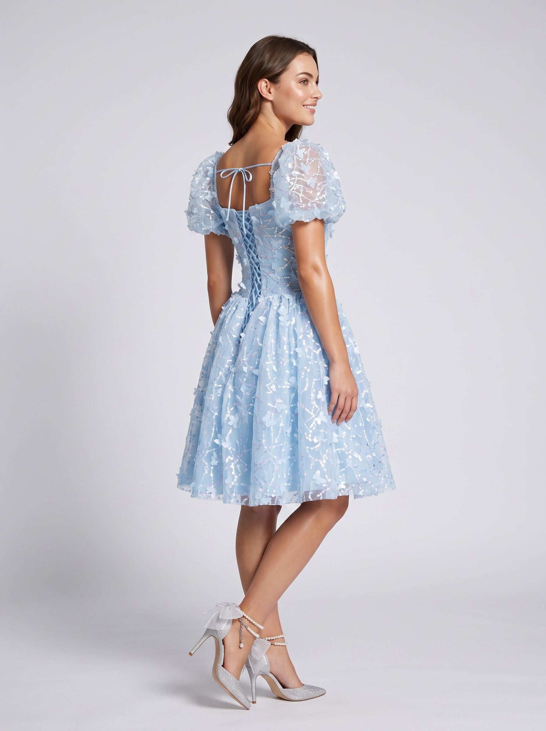 Sky Blue Tulle A-Line Sweetheart Criss-Cross Straps Short Dress with Puff Sleeves