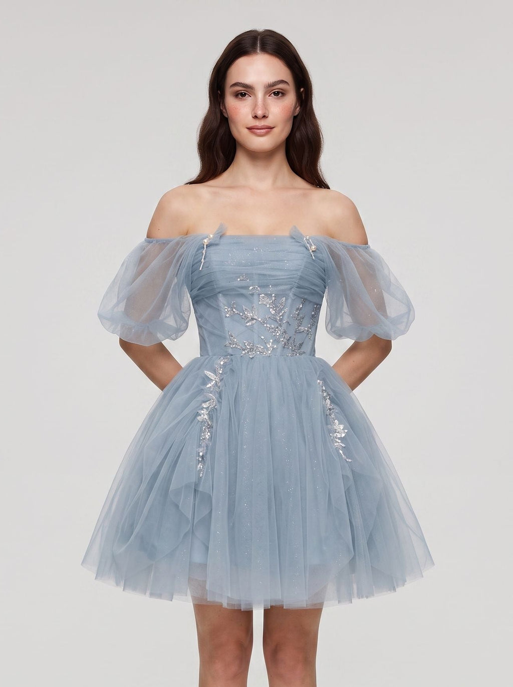 Dusty Blue Tulle A-Line Off-the-Shoulder Criss-Cross Straps Short Dress with Applique
