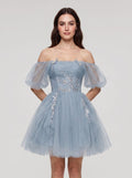 Dusty Blue Tulle A-Line Off-the-Shoulder Criss-Cross Straps Short Dress with Applique