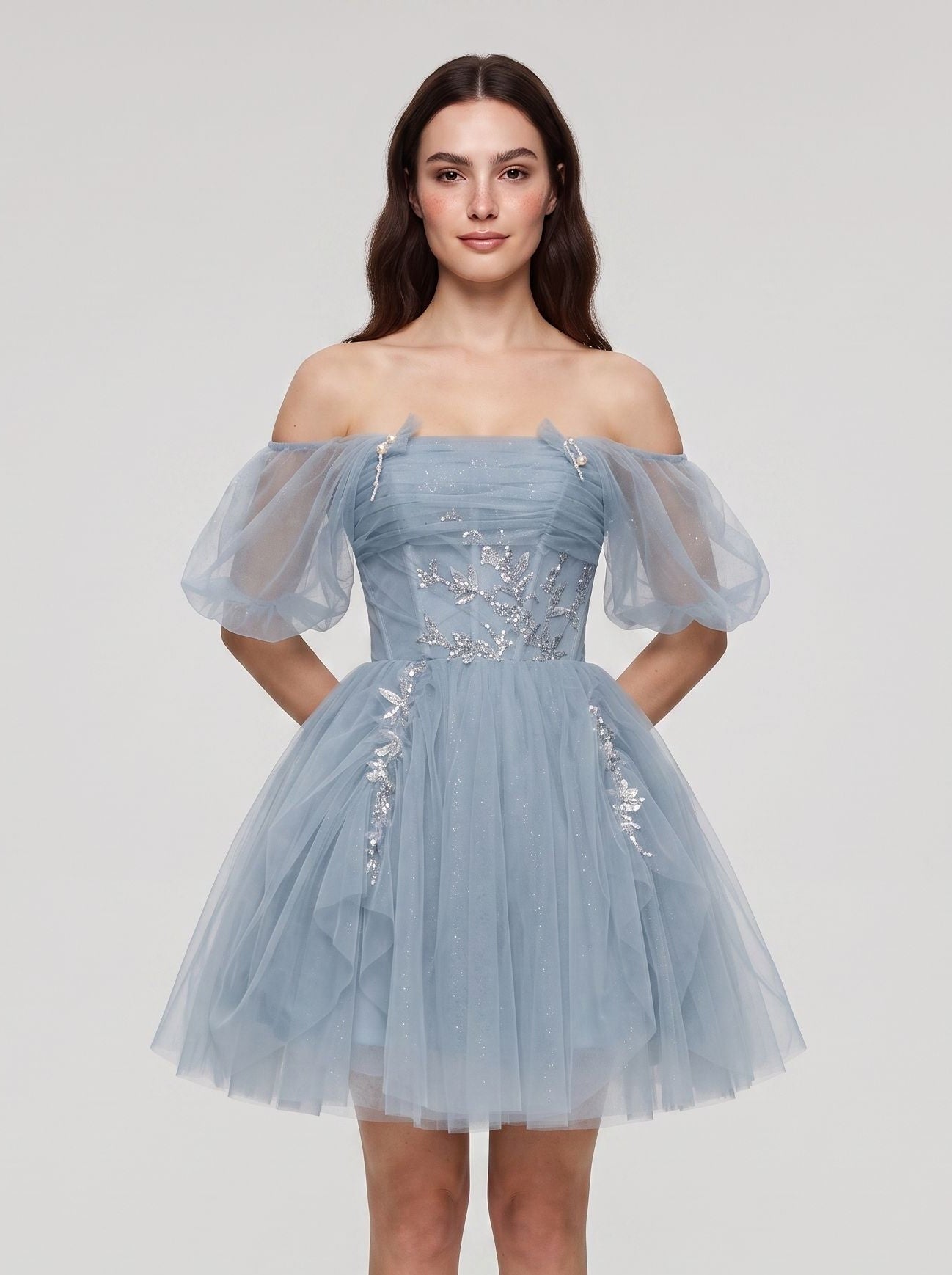 Dusty Blue Tulle A-Line Off-the-Shoulder Criss-Cross Straps Short Dress with Applique