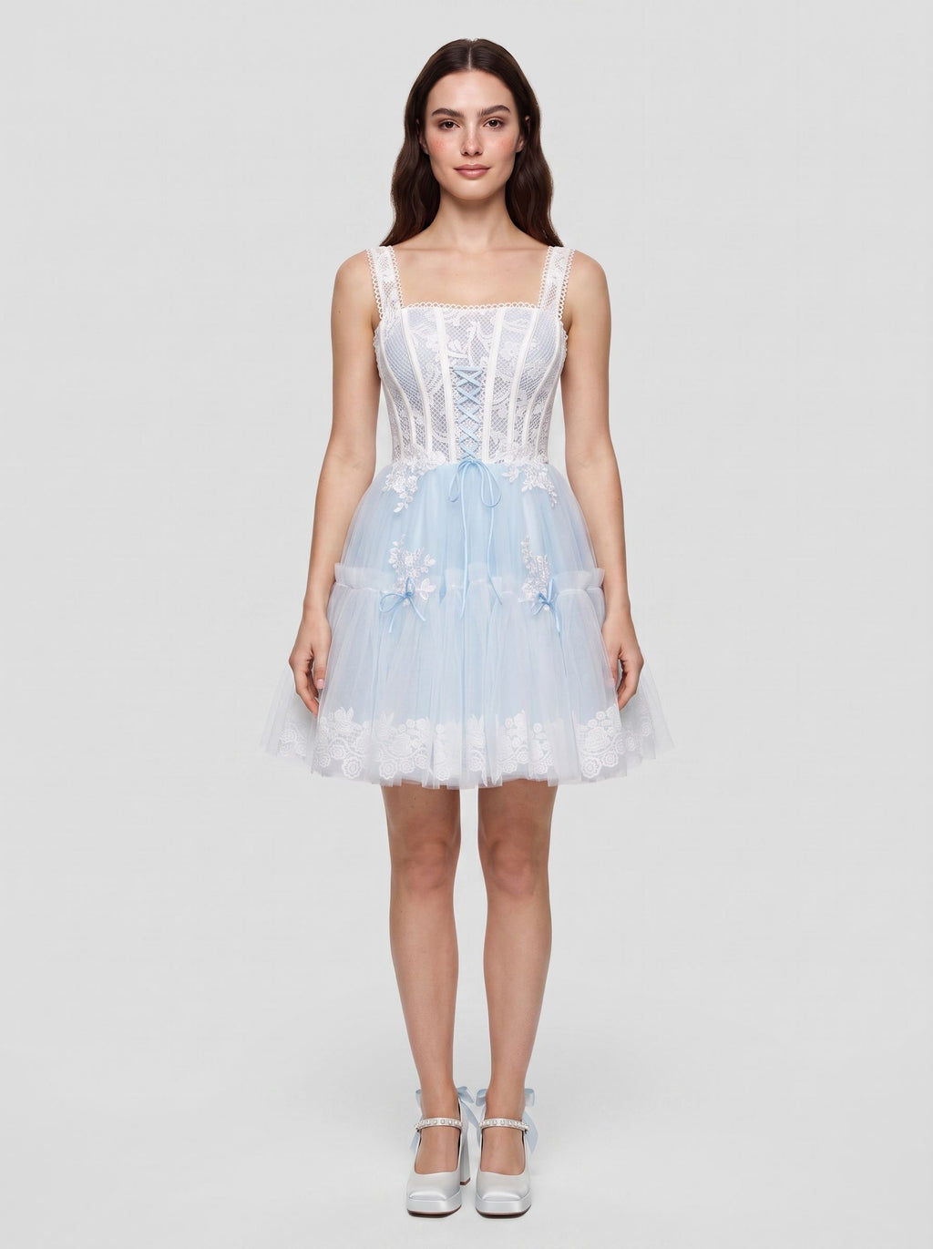 Sky Blue Tulle A-Line Square Neck Criss-Cross Straps Short Dress with Lace Stitching