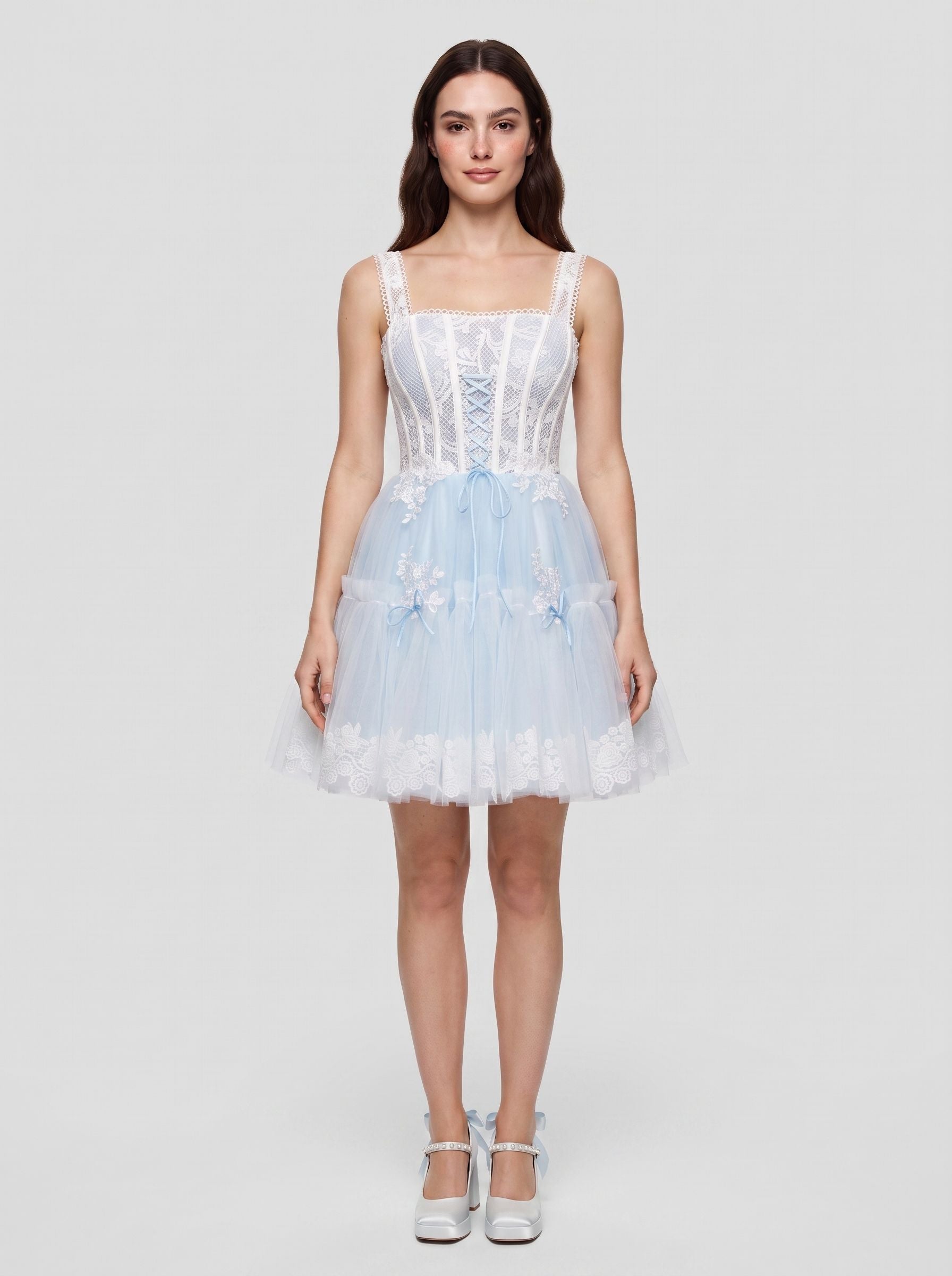 Sky Blue Tulle A-Line Square Neck Criss-Cross Straps Short Dress with Lace Stitching