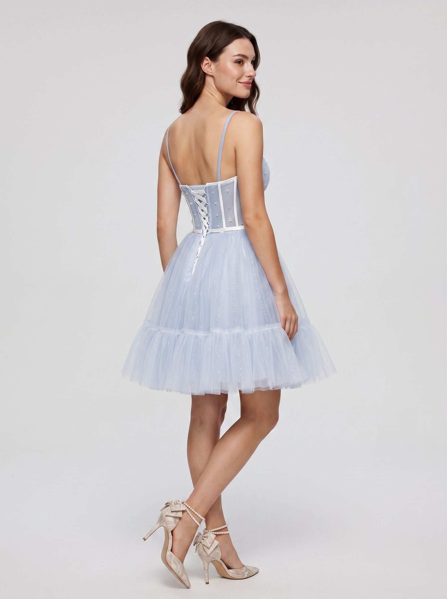 Mist Tulle A-Line Straight Neck Criss-Cross Straps Short Dress with Spaghetti Straps