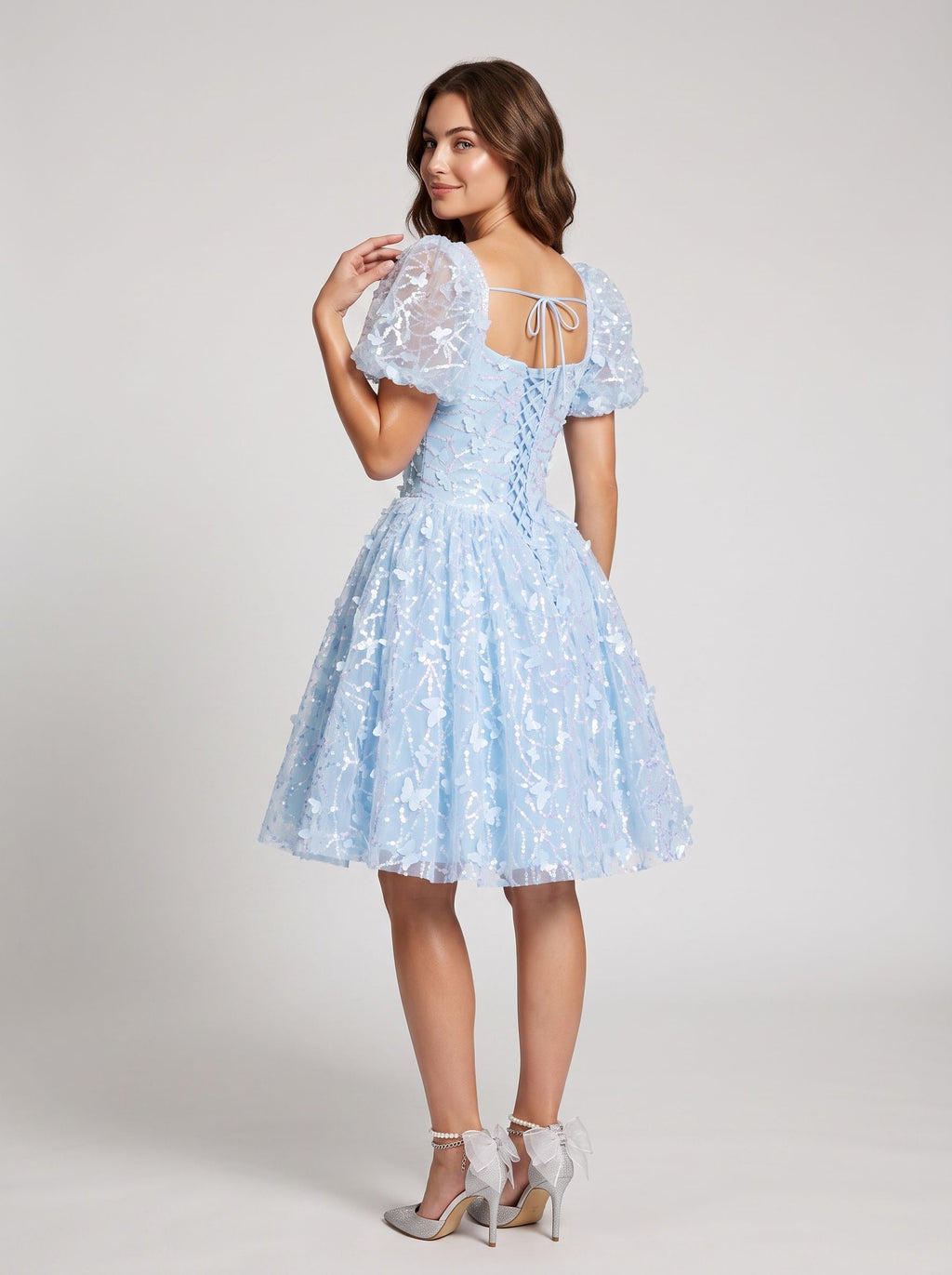 Sky Blue Tulle A-Line Sweetheart Criss-Cross Straps Short Dress with Puff Sleeves