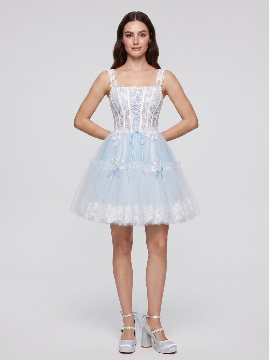 Sky Blue Tulle A-Line Square Neck Criss-Cross Straps Short Dress with Lace Stitching
