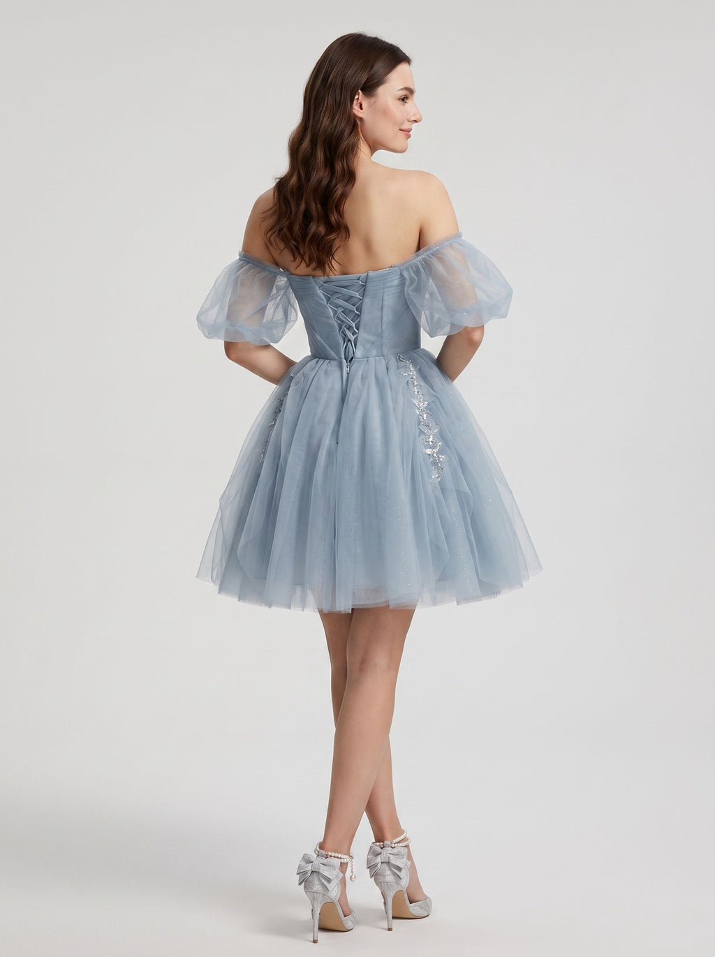 Dusty Blue Tulle A-Line Off-the-Shoulder Criss-Cross Straps Short Dress with Applique