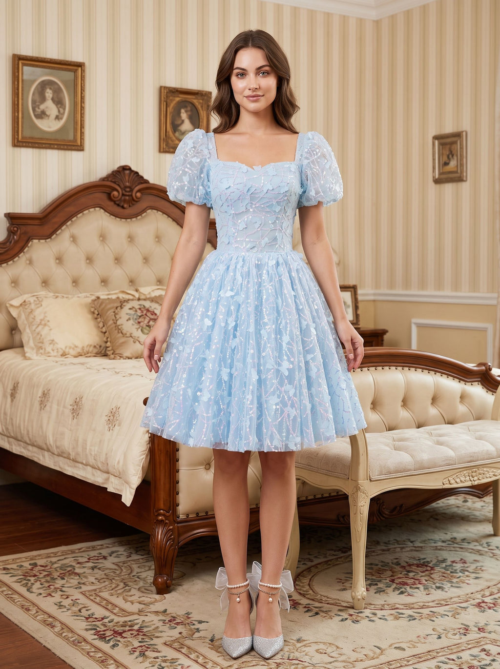 Sky Blue Tulle A-Line Sweetheart Criss-Cross Straps Short Dress with Puff Sleeves