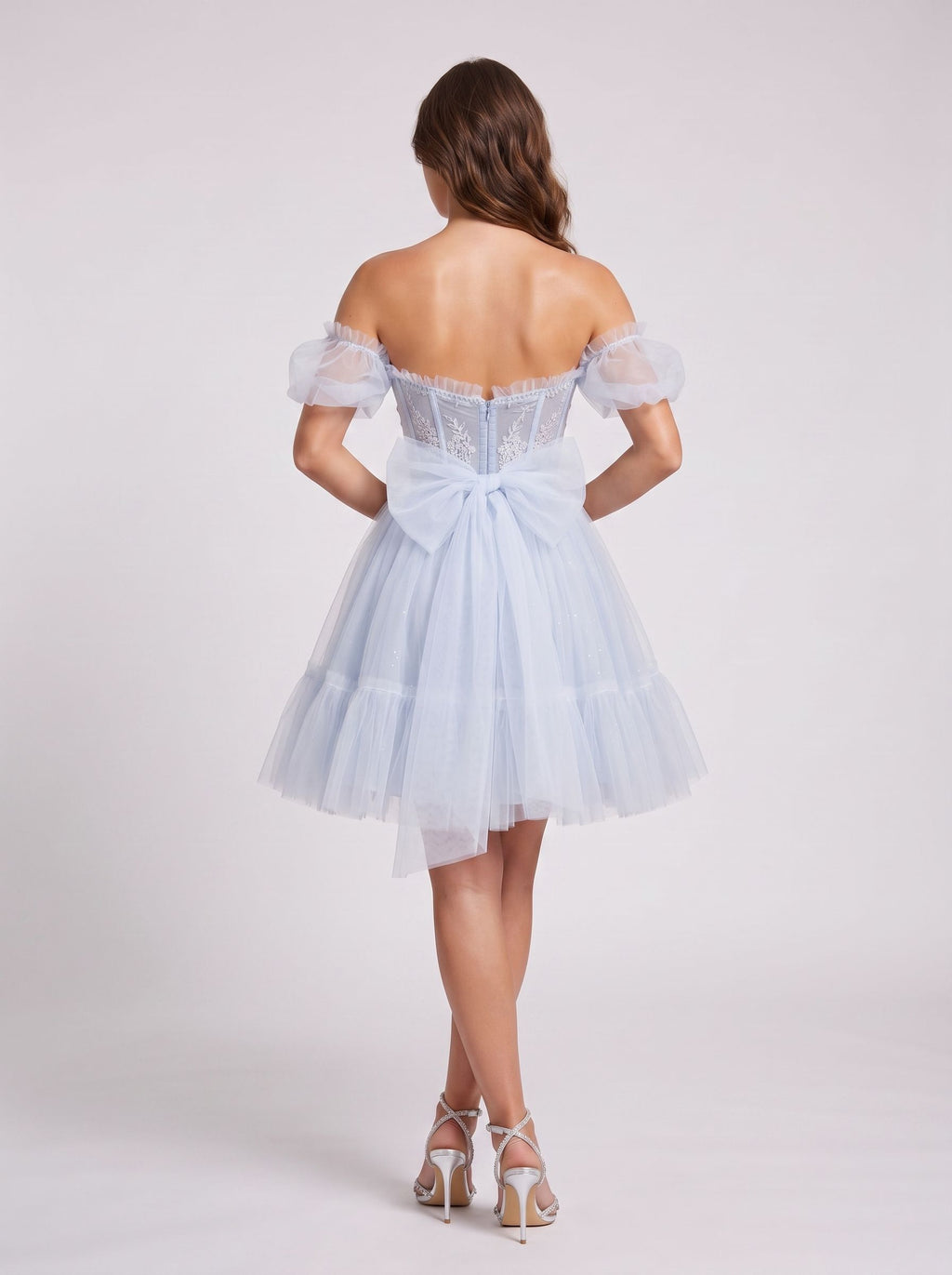 Mist Tulle A-Line Sweetheart Backless Short Dress with Floral Appliques