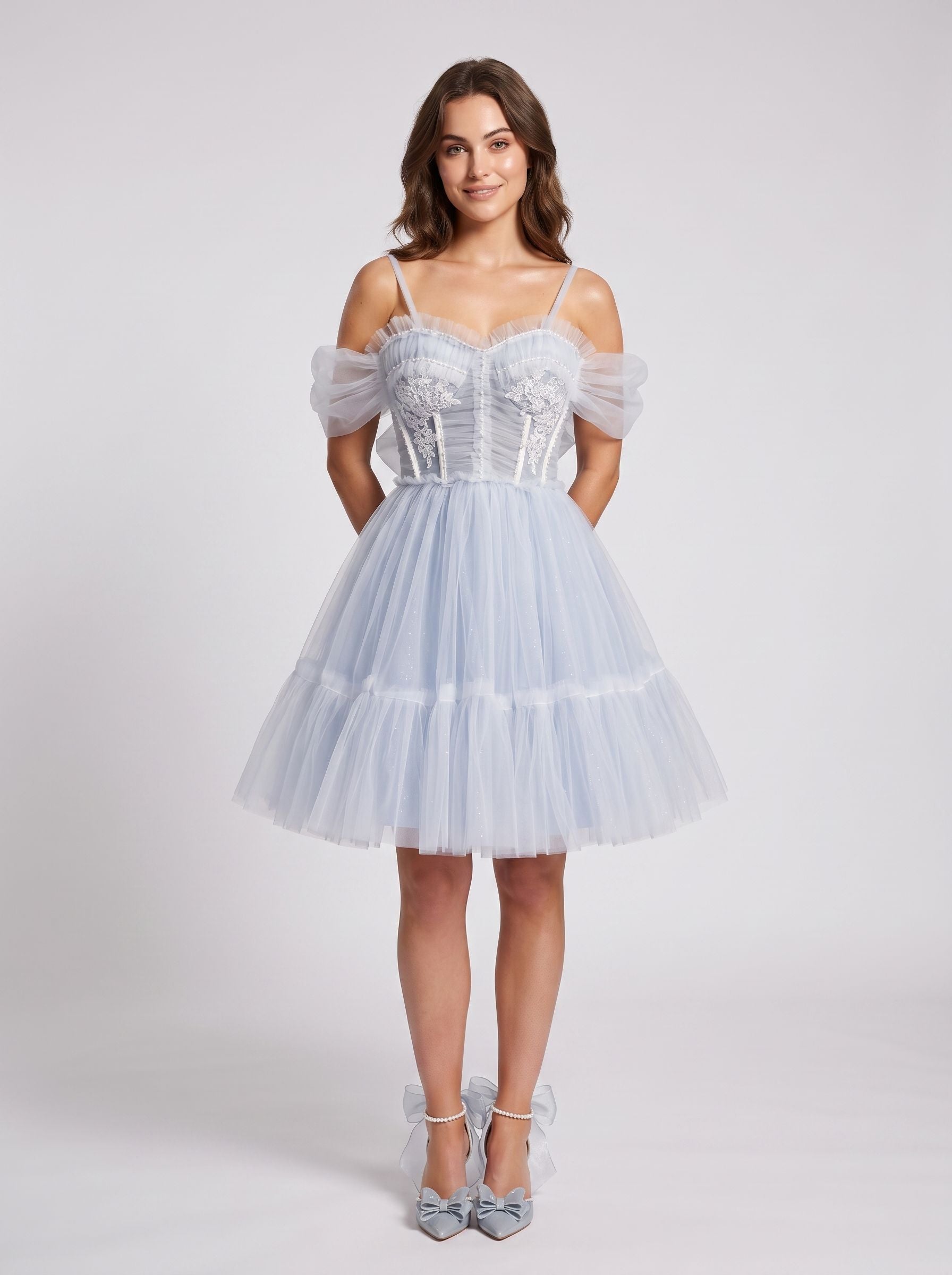 Mist Tulle A-Line Sweetheart Backless Short Dress with Floral Appliques