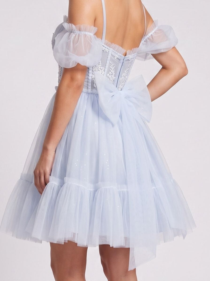 Mist Tulle A-Line Sweetheart Backless Short Dress with Floral Appliques