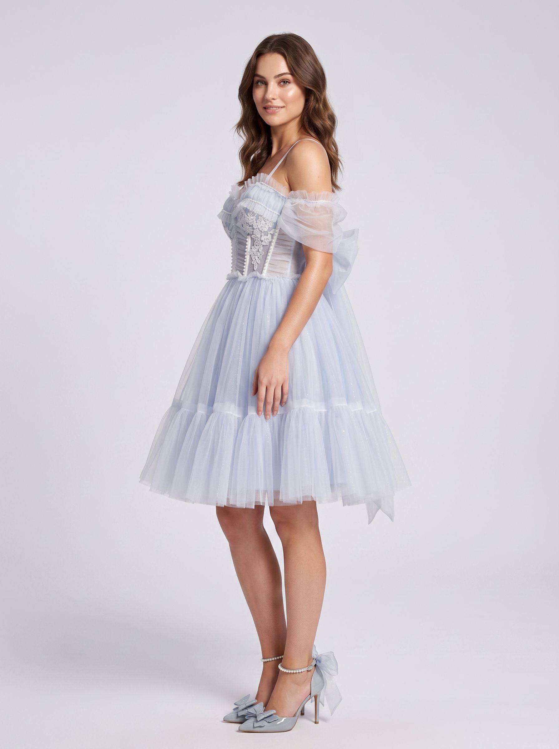 Mist Tulle A-Line Sweetheart Backless Short Dress with Floral Appliques