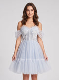Mist Tulle A-Line Sweetheart Backless Short Dress with Floral Appliques