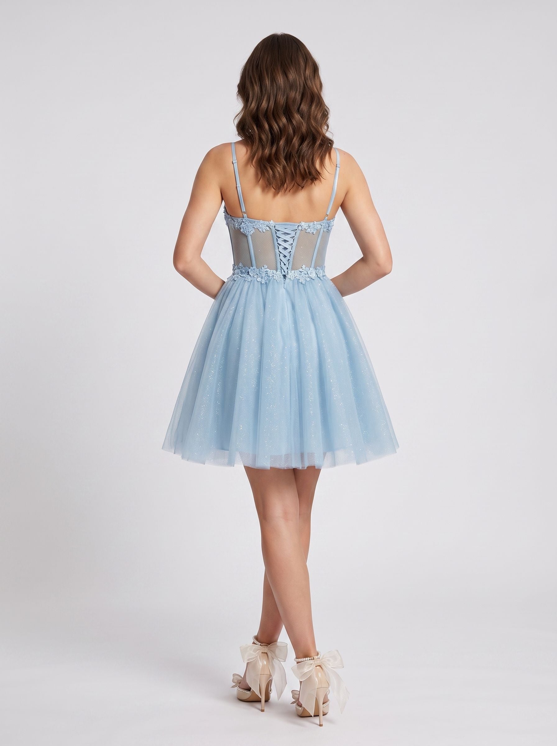 Sky Blue Tulle A-Line Sweetheart Corset Back Short Dress with Pleated Bodice