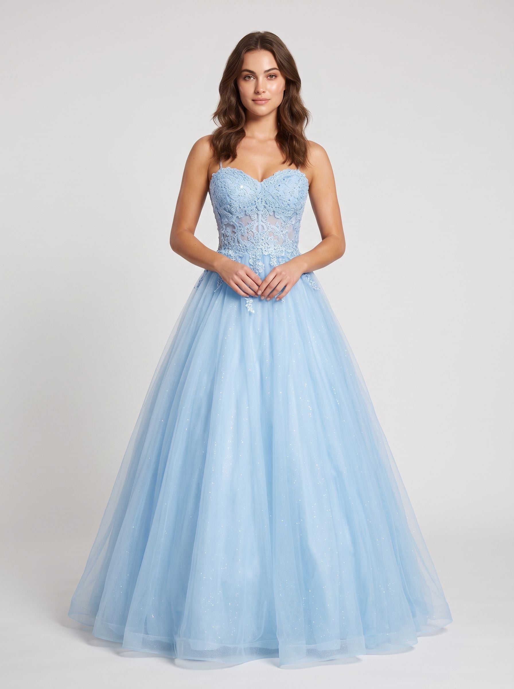Sky Blue Tulle A-Line Sweetheart Lace-up Floor-Length Dress with Floral Applique