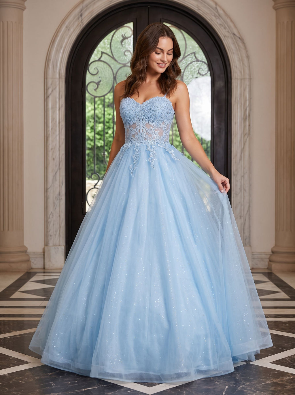 Sky Blue Tulle A-Line Sweetheart Lace-up Floor-Length Dress with Floral Applique