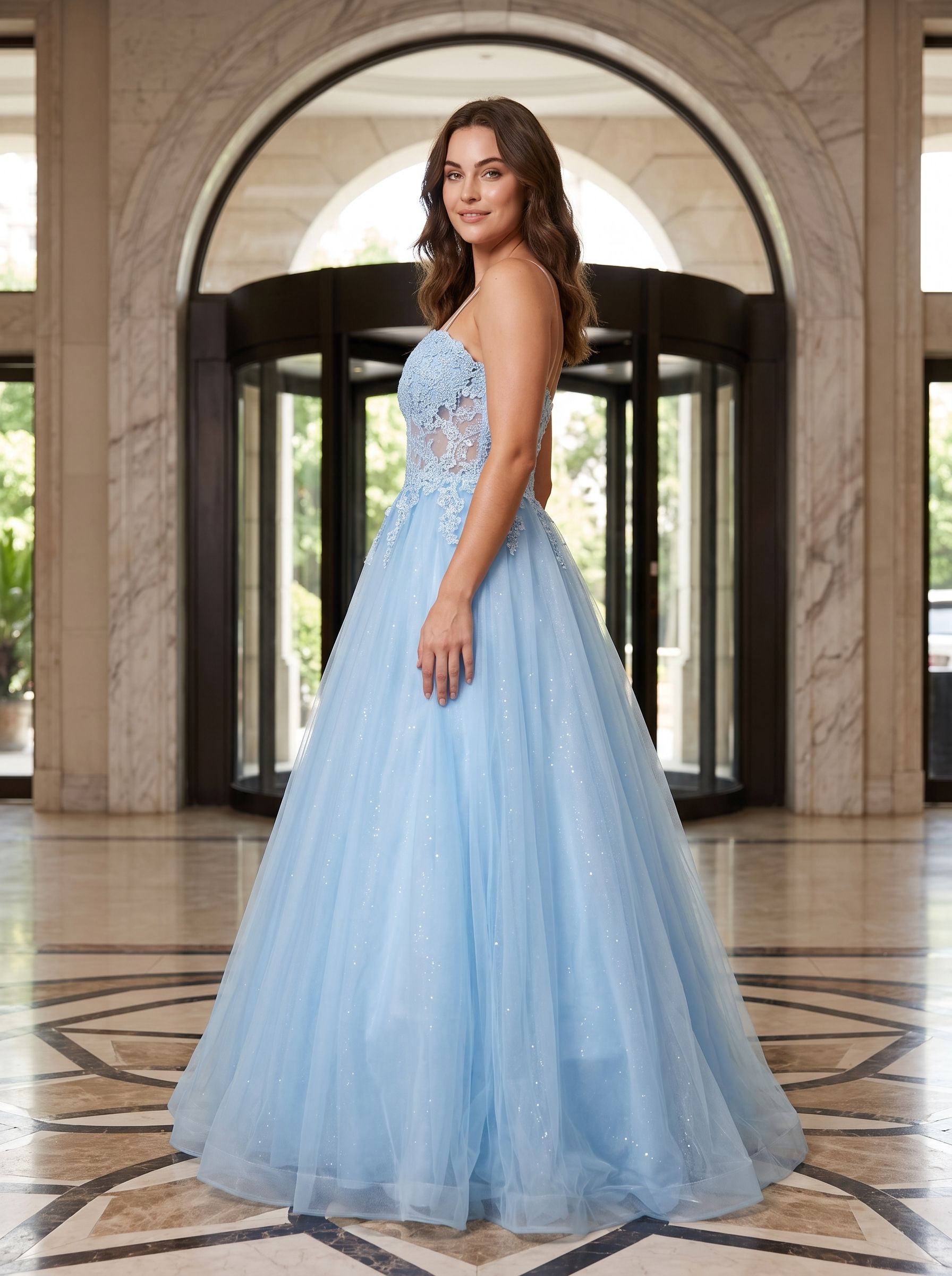 Sky Blue Tulle A-Line Sweetheart Lace-up Floor-Length Dress with Floral Applique