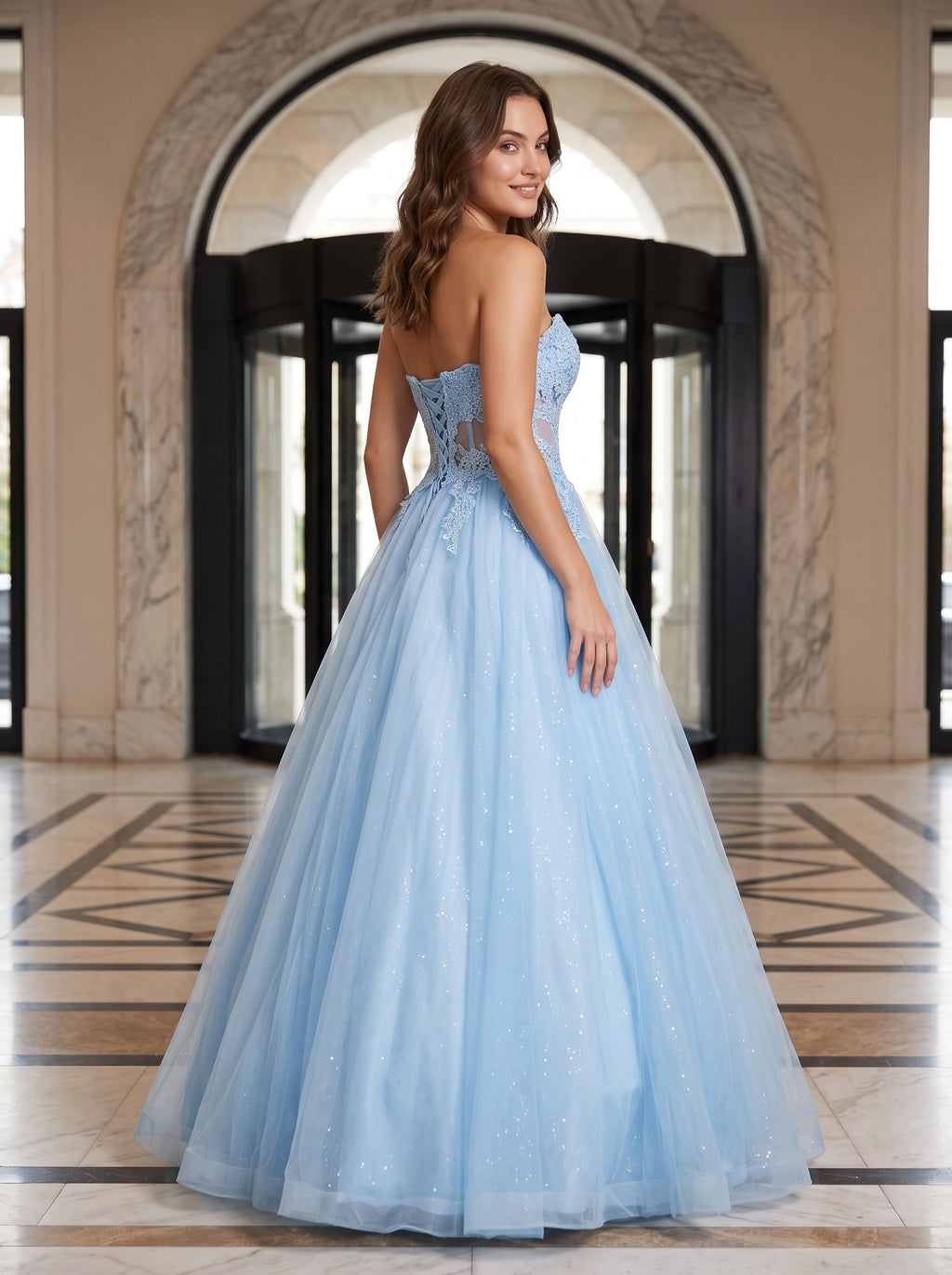 Sky Blue Tulle A-Line Sweetheart Lace-up Floor-Length Dress with Floral Applique