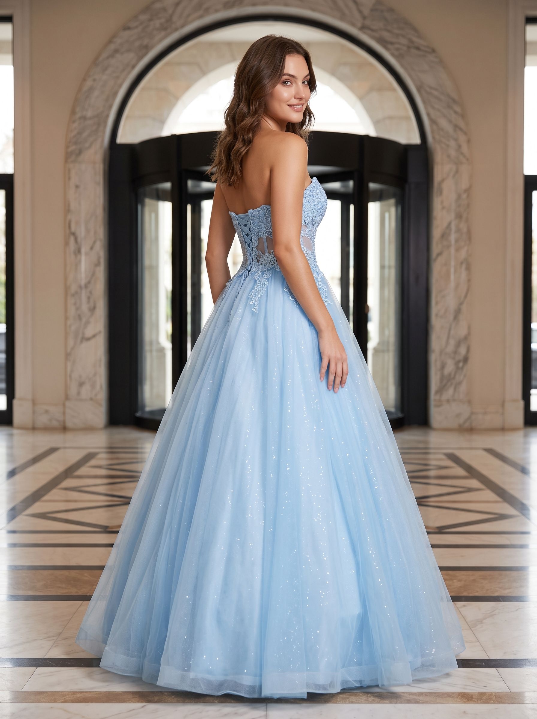 Sky Blue Tulle A-Line Sweetheart Lace-up Floor-Length Dress with Floral Applique