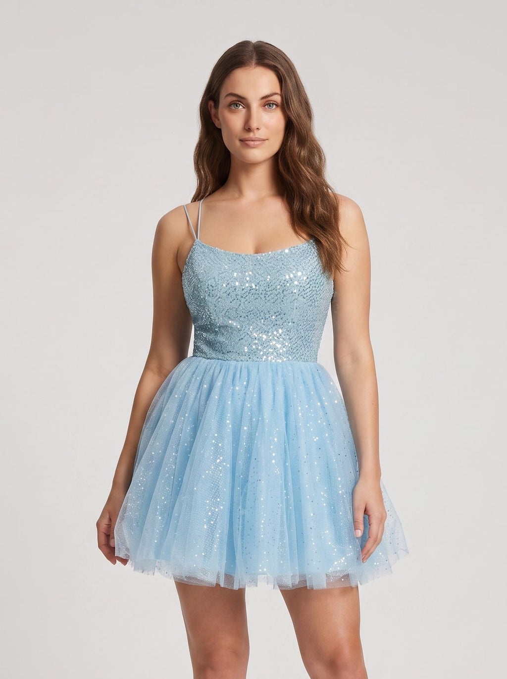 Sky Blue Tulle A-Line Scoop Neck Lace-up Short Dress with Sequins