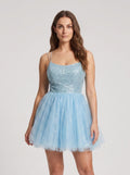 Sky Blue Tulle A-Line Scoop Neck Lace-up Short Dress with Sequins