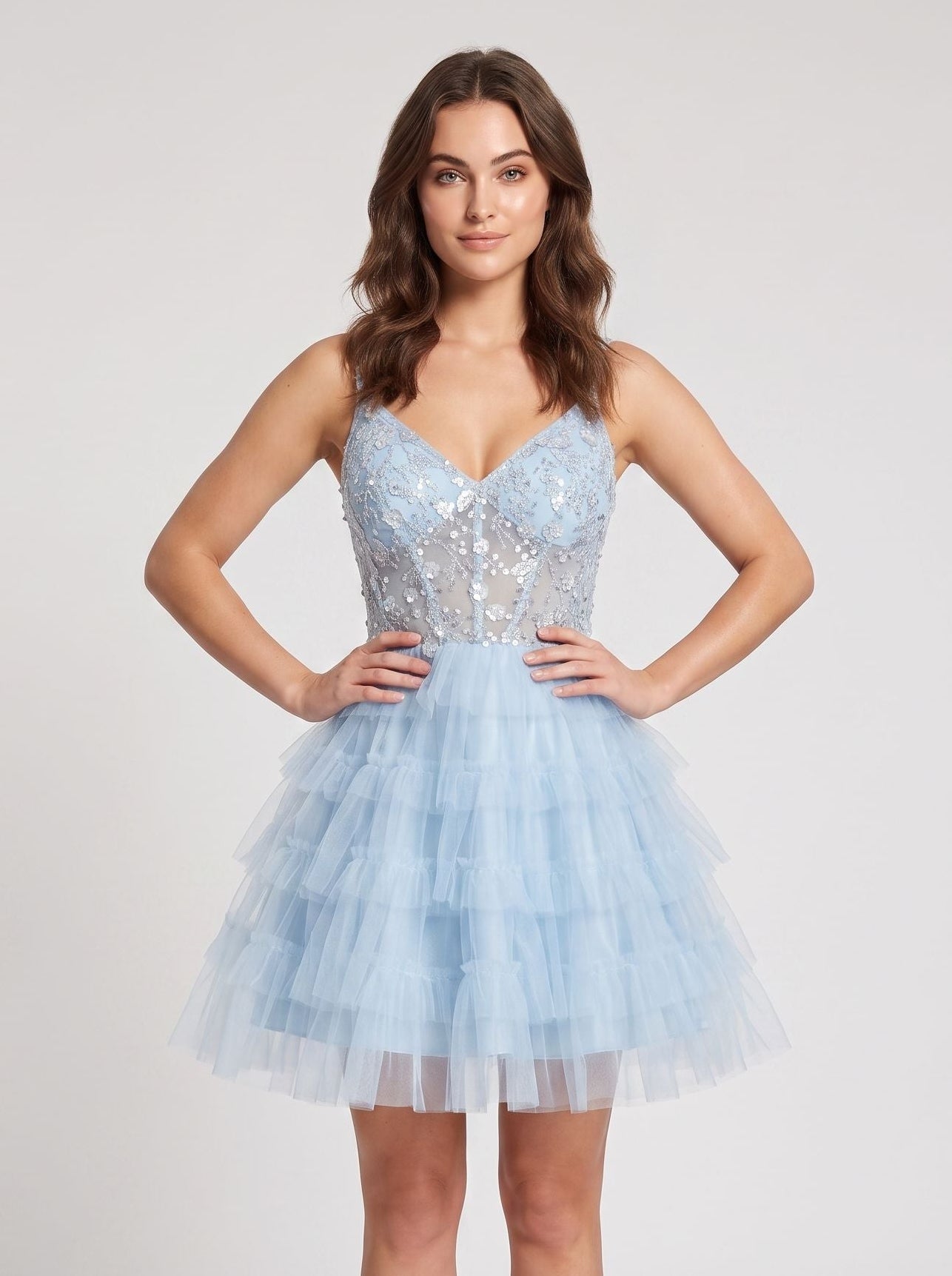 Sky Blue Tulle A-Line V-Neck Back Zip Short Dress with Beaded Tiered Ruffles