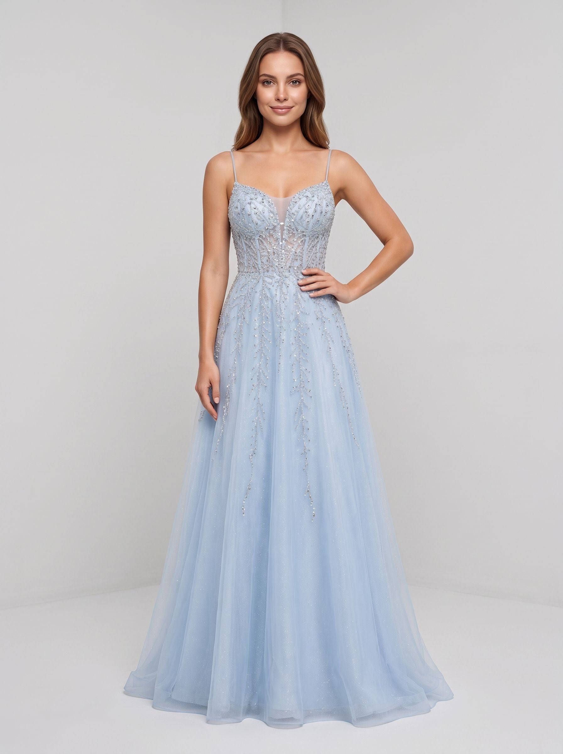 Sky Blue Tulle A-Line V-Neck Back Zip Floor-Length Dress with Beaded Applique Bodice