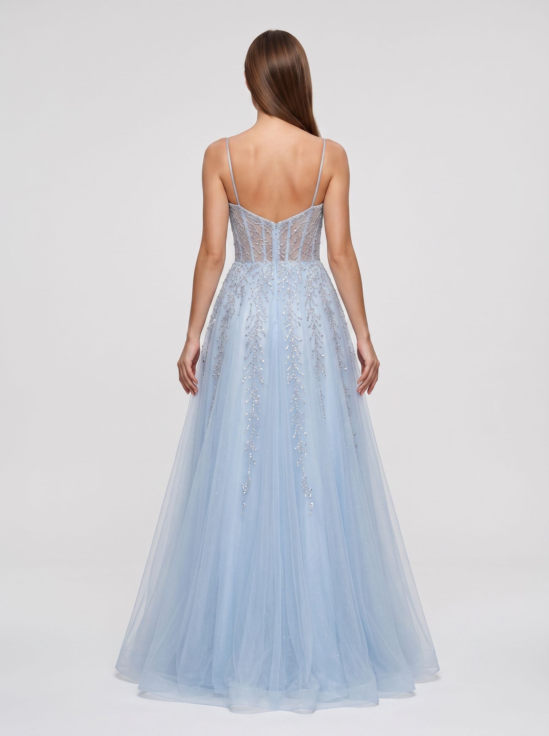 Sky Blue Tulle A-Line V-Neck Back Zip Floor-Length Dress with Beaded Applique Bodice