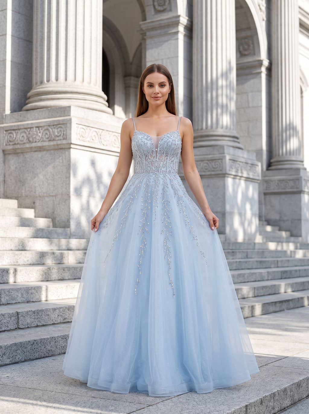 Sky Blue Tulle A-Line V-Neck Back Zip Floor-Length Dress with Beaded Applique Bodice