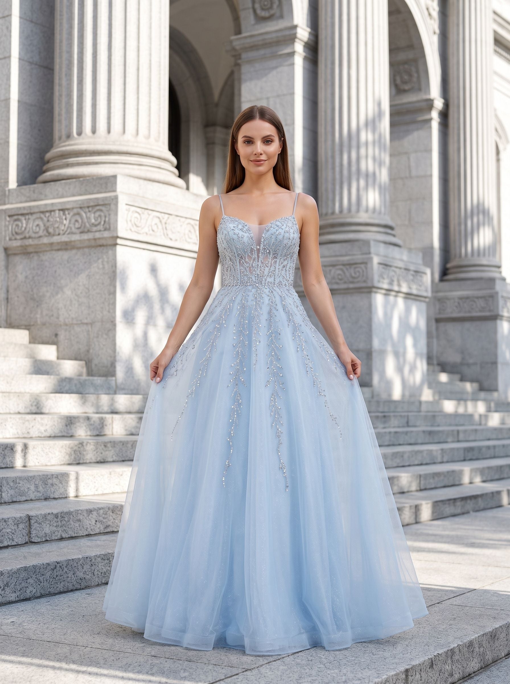 Sky Blue Tulle A-Line V-Neck Back Zip Floor-Length Dress with Beaded Applique Bodice
