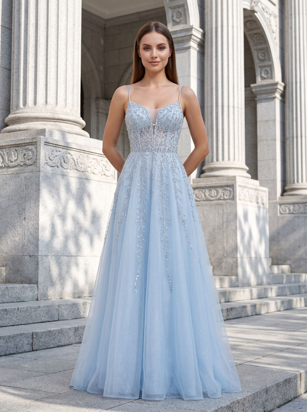 Sky Blue Tulle A-Line V-Neck Back Zip Floor-Length Dress with Beaded Applique Bodice