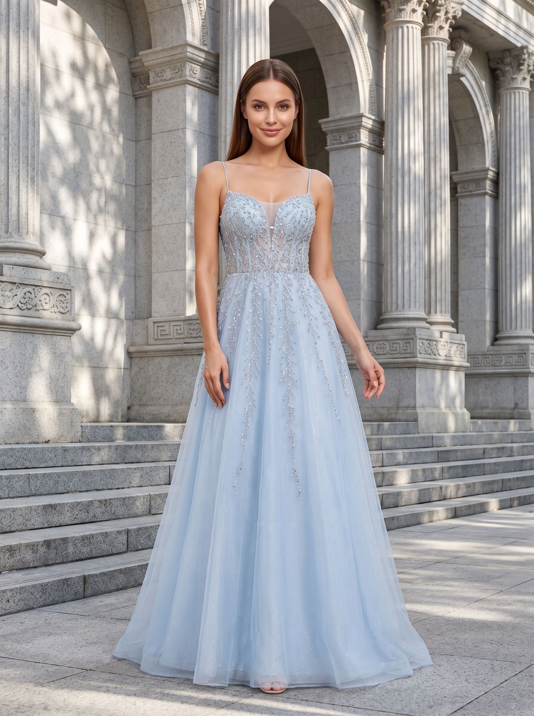 Sky Blue Tulle A-Line V-Neck Back Zip Floor-Length Dress with Beaded Applique Bodice
