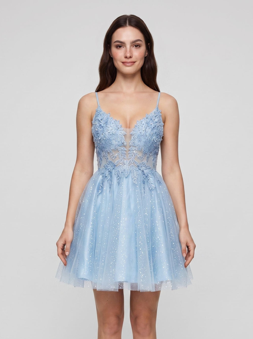 Sky Blue Tulle A-Line V-Neck Back Zip Short Dress with Appliques