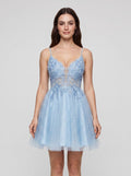 Sky Blue Tulle A-Line V-Neck Back Zip Short Dress with Appliques