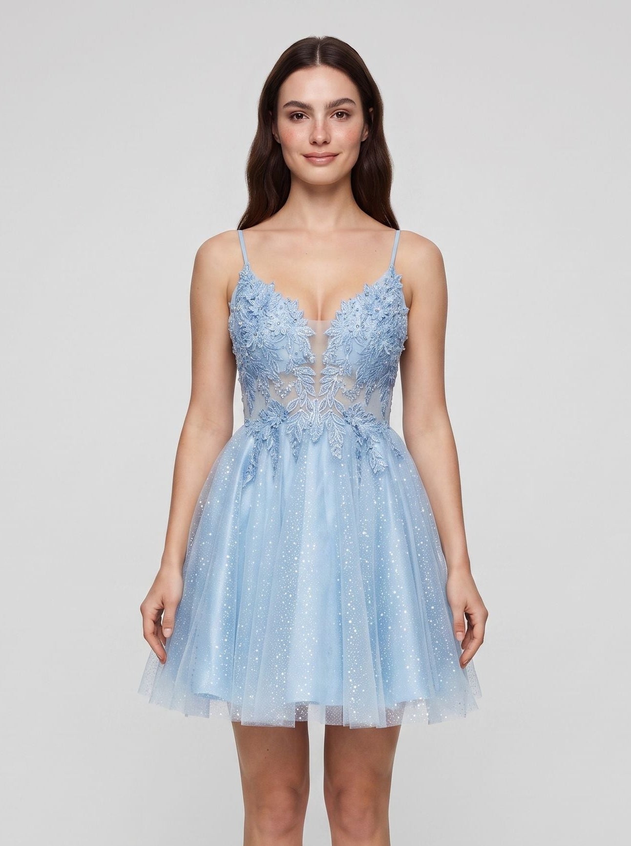 Sky Blue Tulle A-Line V-Neck Back Zip Short Dress with Appliques