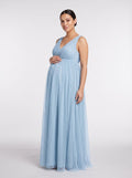 Sky Blue Tulle Empire V-Neck Back Zip Floor-Length Dress with Thick Straps