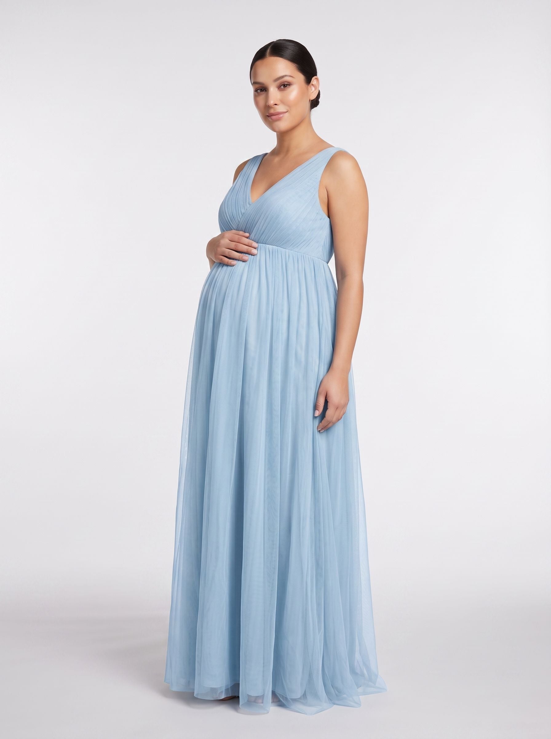 Sky Blue Tulle Empire V-Neck Back Zip Floor-Length Dress with Thick Straps